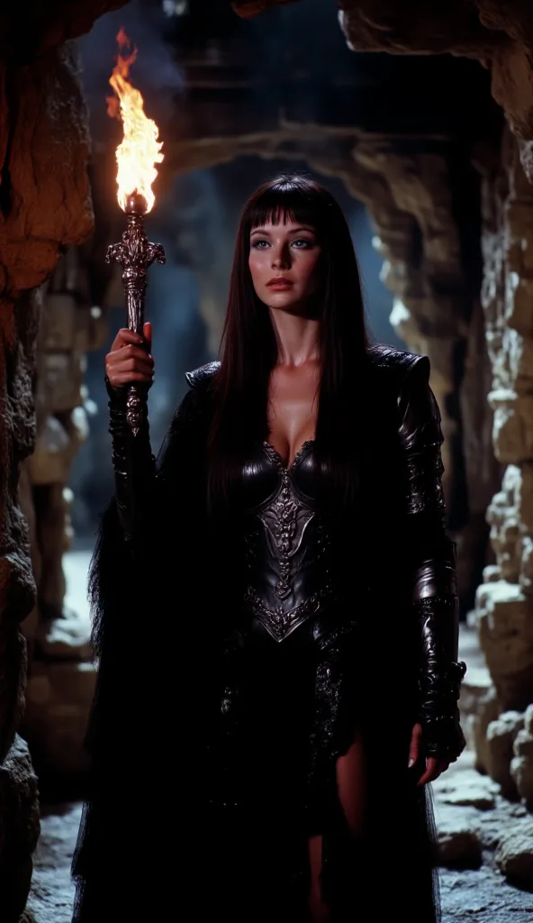 dvd screengrab from dark fantasy film labyrinth, a dark haired female vampire warrior wearing black leather armor and wielding a...