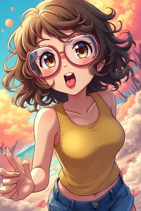 
 A manga style illustration of a 14-year-old with curly hair, light brown and 3A ,  a delicate face and wearing large, transparent glasses .  she is playing , with the tongue out, Without bra large bulky and exposed breasts.  The background presents an en...