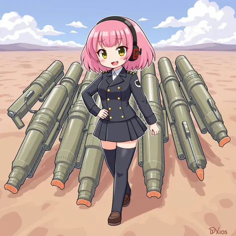   Draculas girl in front of multiple rocket launchers、Bob Hair、Nazuna-chan       、Girl in military uniform  （ mayonnaise  ）Logo、  characters、    tight skirt、   Pink Hair、    headset    、   Near future   、desert、Cute、