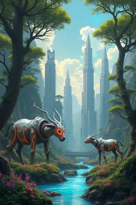 A surreal depiction of a world blending nature and machines: towering trees with metallic trunks and glowing, circuit-like veins; their leaves emitting a soft, bioluminescent light. Amidst a lush forest floor, robotic animals with intricate gears graze alo...