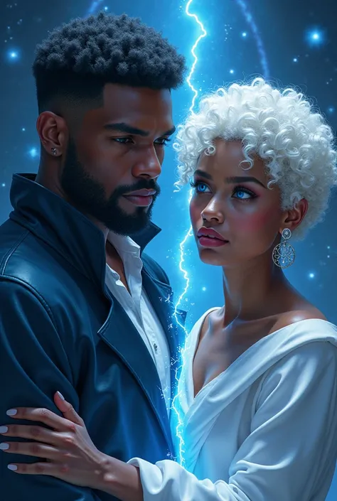 Coverbook : a black man and a multiracial woman with beautiful detailed blue eyes, short curly white hair, deities in the galaxy, realistic, real people, photorealistic, hyper detailed, dramatic lighting, cinematic, volumetric lighting, god-like, ethereal,...