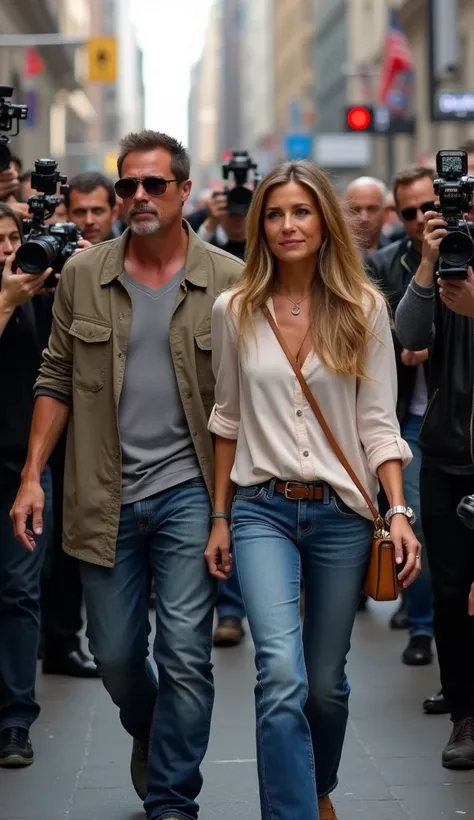 Incredibly highly detailed, 
Generate an image of Jennifer Aniston and Brad Pitt being swarmed by paparazzi while walking down a busy street. Jennifer is dressed in casual yet stylish clothes, like a chic blouse and jeans, with a neutral expression. Brad i...