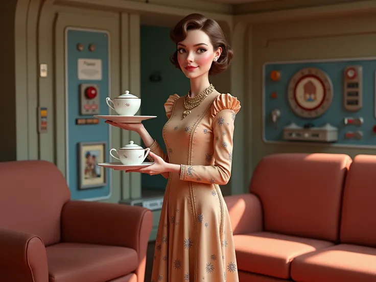 lovely 1960s star trek dress mother-in-law posing sweetly holding tea serving tray in classic enterprise star ship living room