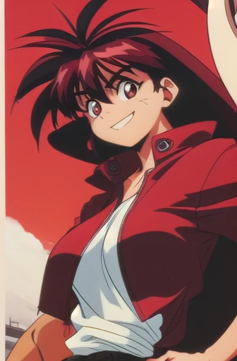 Do my oc  (Women) The (1990s (style)  in a red jacket and black shirt, short red hair , smile,  but my character only huge breasts