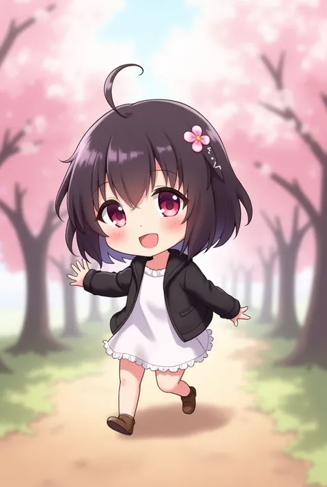 (masterpiece), ( best quality ), ( ultra-detailed ), ( full body : 1.2), One of the color black ,  chibi, , smile, open mouth, flower, open air, running, killed, black jacket, Blush,  tree , :3,  WHITE PLAIN dress, cabelo curto com fringe e liso, Cherry tr...