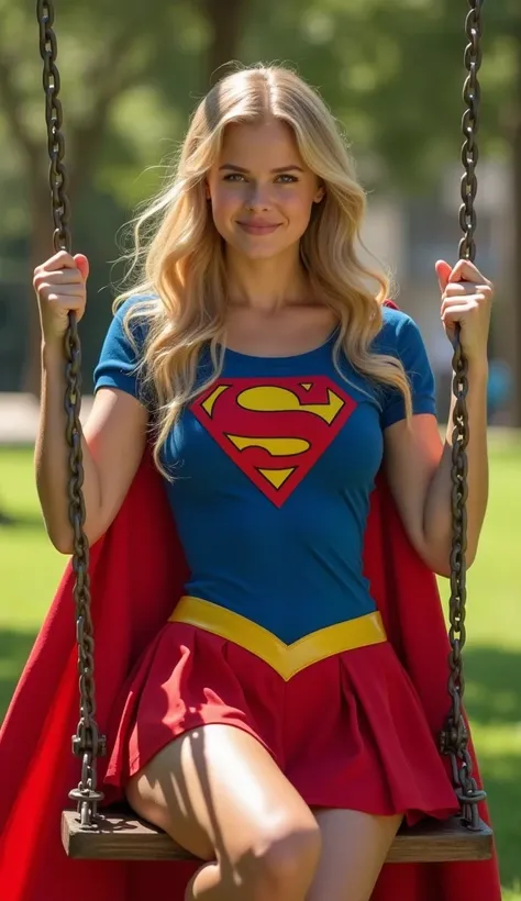 Portrait of Teenage supergirl, wholesome, looks like the girl next door, very fit, muscular, trim,  SUPERGIRL WEARING THE ORIGNAL SUPERGIRL COSTUME FROM 1950. 8k, high definition, visible cleavage, smiling, happy, hyper realistic, she is styled like she is...