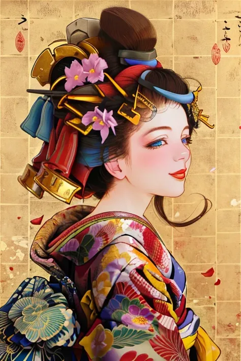 A. 🌸 Beautiful kimono like oiran with deep blue eyes, black hair and shining hair ornaments, portrait of a woman with a pretty smile and red lipstick, background that creates elegance, red petals fluttering in the wind