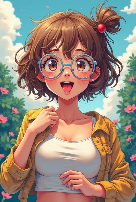 
 A manga style illustration of a 14-year-old with curly hair, light brown and 3A ,  a delicate face and wearing large, transparent glasses .  she is playing , with the tongue out, Without bra big bulky and exposed naked breasts.  The background presents a...