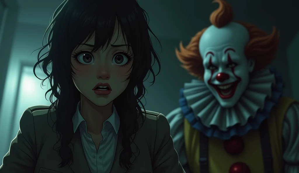 A female detective, With the expression scare , And behind a terrifying clown 