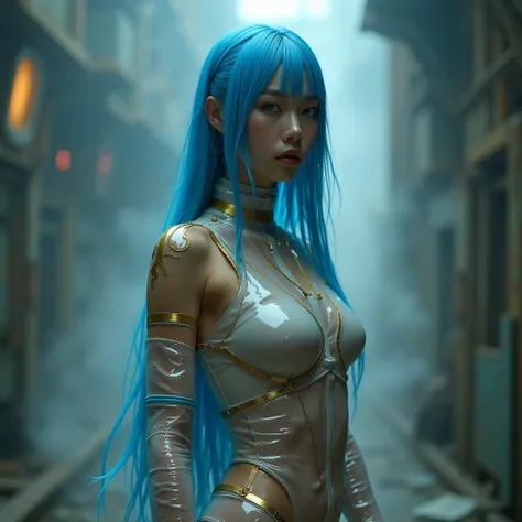 (nsfw:1.2), masterpiece, Best Quality, Realistic, A mysterious and sophisticated young cyberpunk cyborg woman with blue eyes wears futuristic and sexy see-through plastic fashion breeves. sexy posing asian girl. Full medium body in frame. Her plastic outfi...