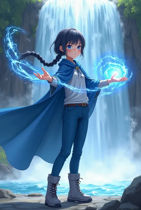 (anime)A teenage girl, with black hair wearing a braid , blue eyes,wearing a blue cloak, blue pants, gray boots,  next to a waterfall and using your hands to levitate the water 