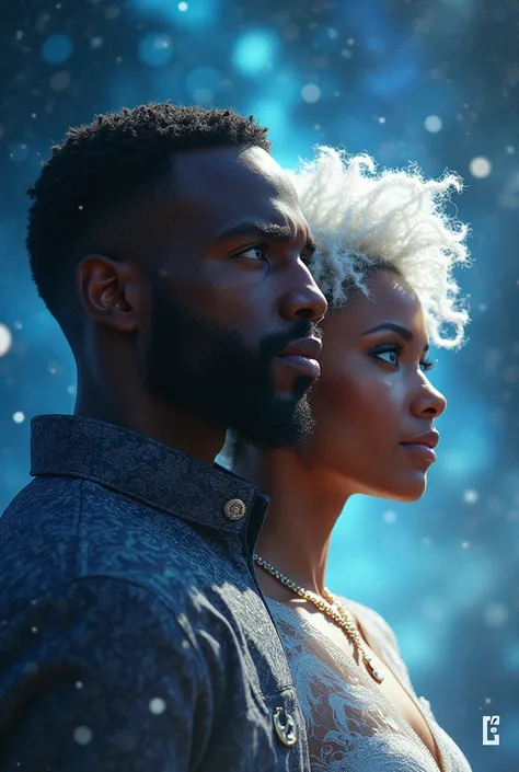 Coverbook : a black man and a multiracial woman with beautiful detailed blue eyes, short curly white hair, deities in the galaxy, realistic, real people, photorealistic, hyper detailed, dramatic lighting, cinematic, volumetric lighting, god-like, ethereal,...