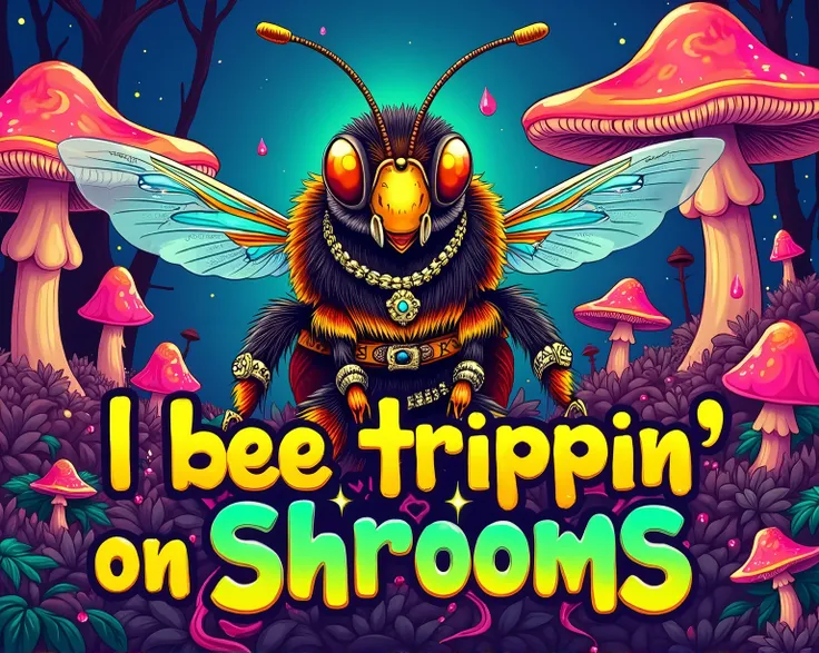 Hello, Can you make me a graffiti with the name " I Bee Trippin On Shrooms" that has a gangsta style that has jewelry and rings? ( psychedelic mushrooms background, Neon colors )