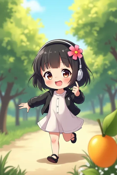 (masterpiece), ( best quality ), ( ultra-detailed ), ( full body : 1.2), One of the color brown,  chibi, , smile, open mouth, flower, open air, running, killed, black jacket, Blush,  tree , :3,  WHITE PLAIN dress, cabelo curto com fringe e liso, Cherry tre...