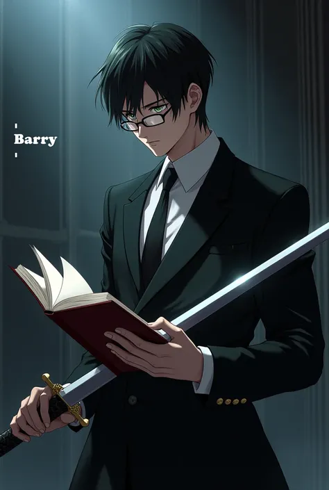 Anime character man with black suit and wear glasses have long sword and read book 
text “Barry”  