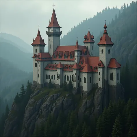 A different aerial shot of the imposing BranD Castle, this time from a hillside that accentuates its majestic presence. The tallest central tower rises approximately 30 meters, while the remaining towers range between 20 and 25 meters in height. The asymme...