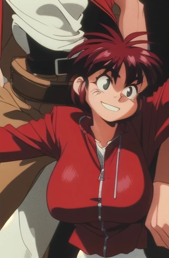 Do my oc  (Women) The (1990s (style)  in a red jacket and black shirt, short red hair , smile, huge breasts