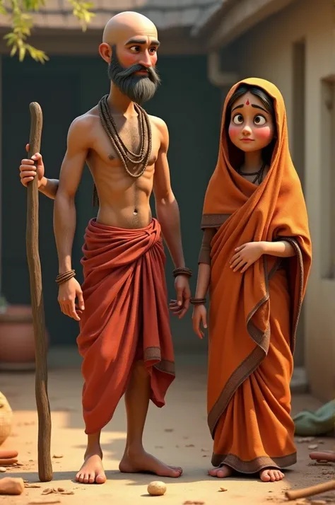 Poor bald lean brahmin with his slim.poor looking wife wearing a saree covering her head 3d pixar style pic 