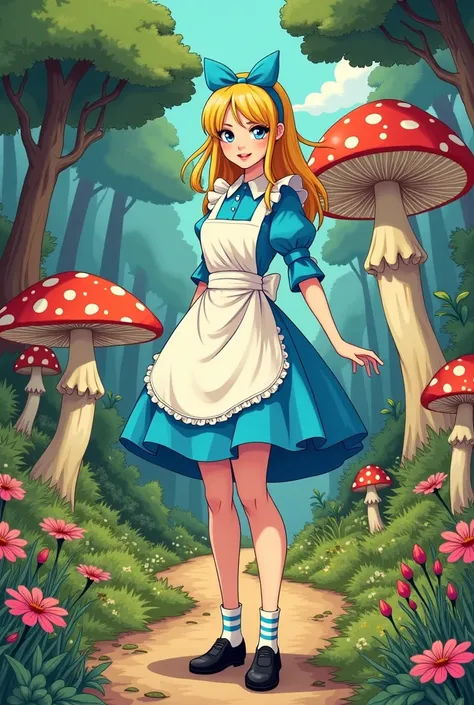 (comic)A blonde with blue eyes , wearing a blue dress with a white apron , striped socks and black shoes and a blue bow in her hair, In the background, a forest full of giant mushrooms and beautiful flowers scattered along the path 