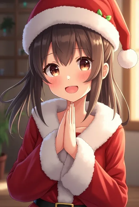 smile,  Santa cosplay, ponytail, indoor,chest, solo, anime風, anime, 