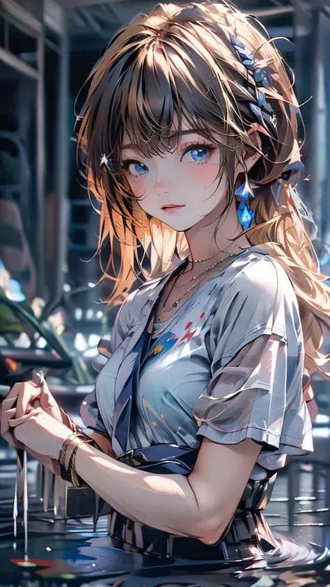 (highres,best quality,masterpiece:1.2),ultra-detailed,realistic:1.37,portraits,impressionism,underwater,irises,air bubbles,1 flat-chested girl,fish,long hair,flooding,solo,water,princess,blonde hair blue eyes,short sleeves,blue eyes,fairies,the Legend of Z...