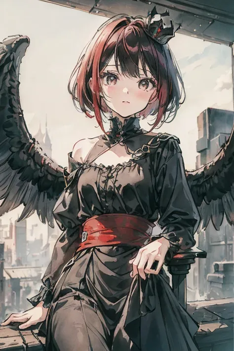 Short red-haired girl 
Front seat on a
Black skull chair 
Small black wings 
Black crown 