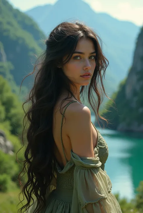 a beautiful young woman with long flowing hair, detailed facial features, detailed eyes, standing in a lush green mountainous landscape with a shimmering lake, (best quality,8k,highres,masterpiece:1.2),ultra-detailed,(realistic,photorealistic,photo-realist...