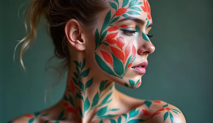  Completely Naked Woman with 90 Body% painted with paint , bodyart paint, colorful, Hyperreal , close body, Full body, Botanical ART  , NUDITY ART ,  explicit nudity 