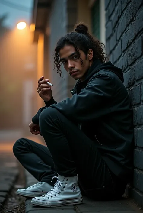 facing forward,Cool photography style, night atmosphere, A young and handsome Sundanese man , long curls in a climactic neat pigtail , wears a casual high-collar black parachute jacket, wears black jeans , white high Converse shoes , sits leaning forward f...