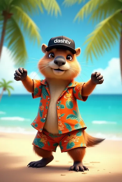 166 / 5.000
Cute capybara with big eyes dancing in a printed Hawaiian shirt and shorts. He is wearing a hat that says Dashtv. Black cap. Blue beach and palm trees.