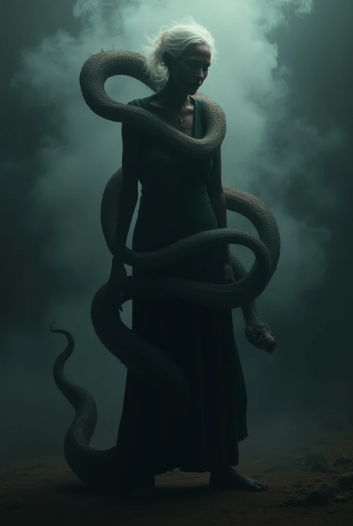 La mère d’Emeka transformée en une créature mi-humaine, mi-serpent
Une silhouette étrange dune vieille femme africaine avec le corps dun serpent et la tête humaine, se tordant dans une posture douloureuse, entourée de fumées sombres, dans un environnement ...