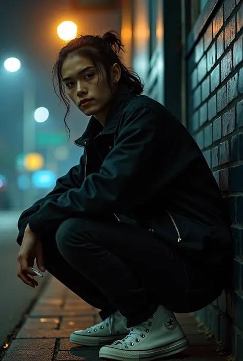 facing forward,Cool photography style, night atmosphere, A young and handsome Sundanese man ,Long curls in a neat pigtail Klimis, wearing a casual high-collar black parachute jacket, wears black jeans , white high Converse shoes , sits leaning forward faci...