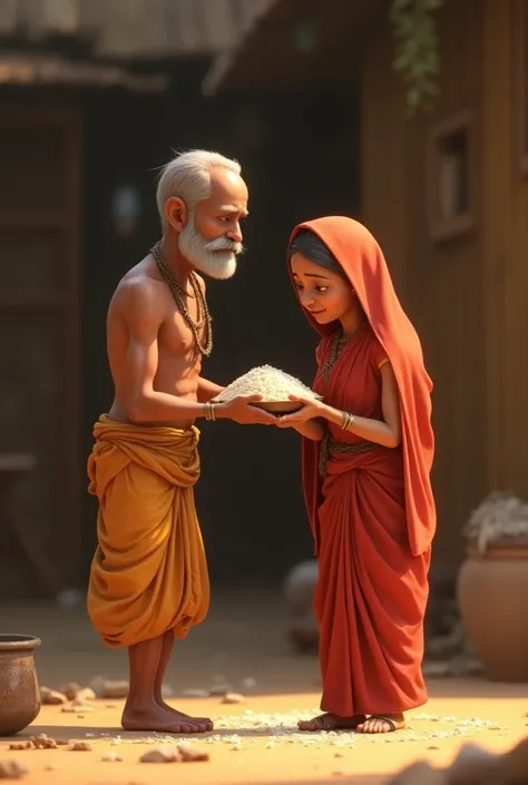 Poor bald lean brahmin clean shaven    with his slim.poor looking wife wearing a saree covering her head  the wife is giving some rice to her husband 3d pixar style pic 