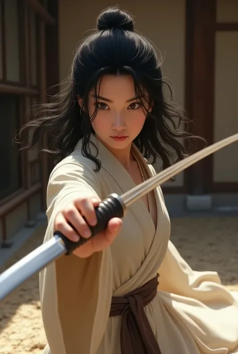  Woman with wavy black hair and brown eyes in sword training, Dress in a simple dress 