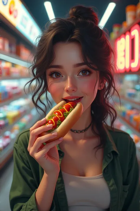 Woman eating a delicious hotdog against the background of a convenience market with LED lights 