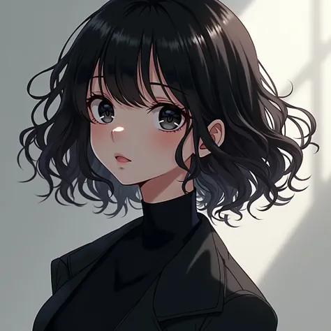 Girl, black hair, small curly hair, black dress, black jacket, black eyes.High Resolution, From Side,Anime Style, Anime Style, 