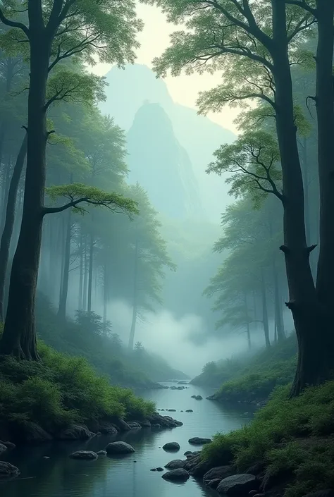  Symmetrical forest landscape with fog, mountains and river  