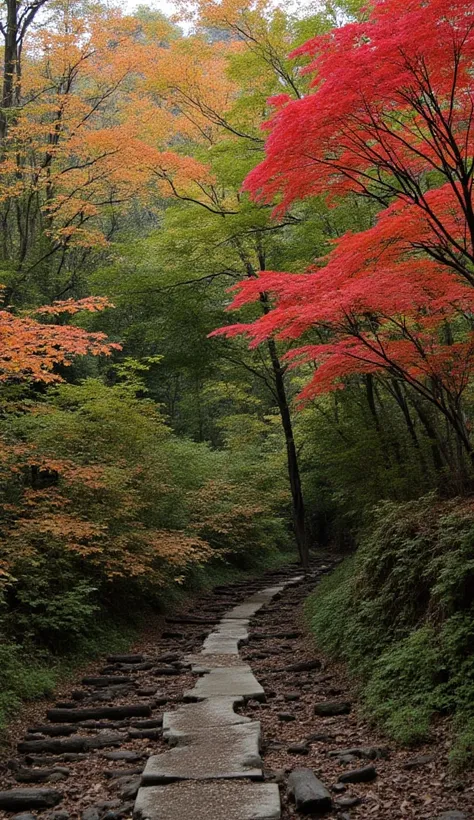 ((top-quality, masterpiece:1.3)), (Amazing Art work:1.1)), (Very realistic:1.2), (Photo, live action), ((Japanese Nature Scenery:1.2)), Autumn leaves, forest, Ragged and decaying wooden paths, Maple with red leaves, beech with yellow leaves, Quercus crispu...