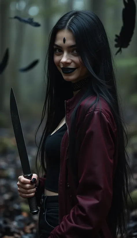 Satanic Temple, Totally dark place,  black feathers falling from the top , black flowers on the ground , On the left of the image a young witch born in India , holding knife,  long black hair , Black Lipstick, Smile and mischievous look,  wearing a burgund...