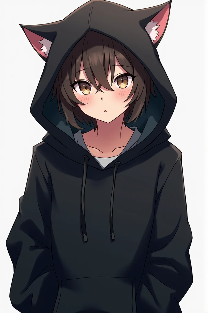 Put on an anime boy who has cat ears and a black hoodie he should have a black hood with cat ears on 