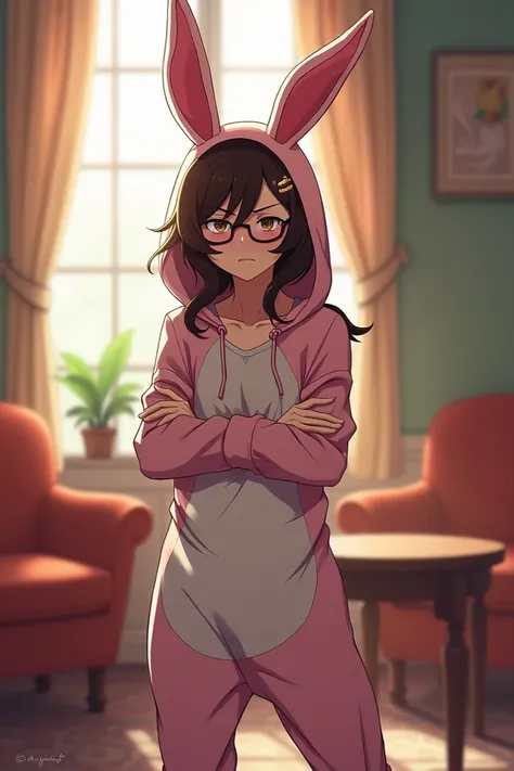  My hero Academia, Chica anime,  long brown hair, light brown eyes, wears glasses, Hes wearing a sexy rabbit costume, blushing,  with arms crossed , with a frown,  room with furniture and table , al estilo  My hero Academia