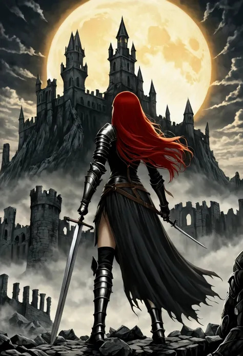 Dark Souls hollow girl, warrior girl, savage clothes, red long hair, long sword, black armour, soulslike, ruins of castle town, eclipse background, dark souls.