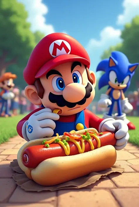 Mario eats the hot dog ,  bad he knew that the hot dog belonged to Sonic who was going there to eat the hot dog