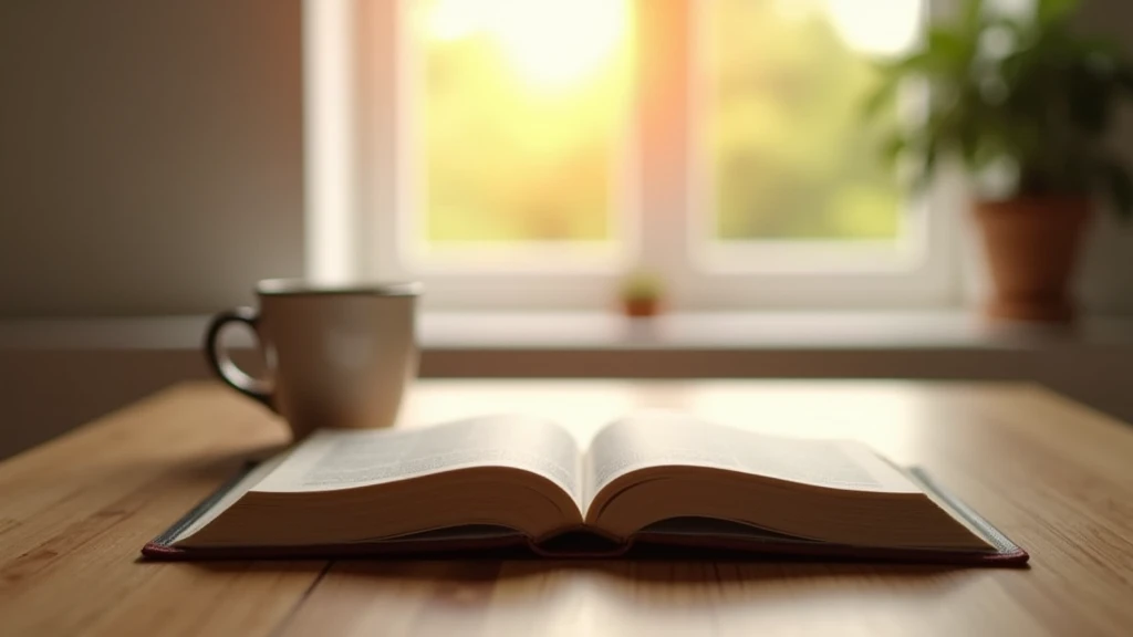  A minimalist scene showing an open Bible on a wooden table, com luz suave do sol entrando por uma janela In the background.  There is a mug of tea or coffee next to the Bible and , In the background, a simple plant .  The feeling should be welcoming ,  sp...