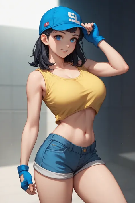 score_9, score_8_up, score_7_up, source_anime, best quality, clear face,fast skinny girl,black hair, blue eyes, medium hair, large breasts, perfect body, standing, slight smile, yellow shirt,blue mini shorts, indoor, pose,cool,simple design,cute, thick leg...