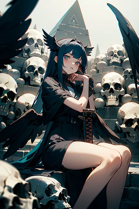 (An anime girl sitting in front 
About a 
Pyramid of Skulls 
Dark fantasy black wings holding a sword