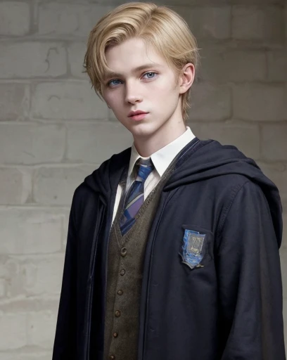 image of what an RP character from Harry Potter looks like, Ravenclaw, short blonde hair, and white skin blue eyes , dresses like Ravenclaw , male man