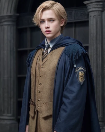 image of what an RP character from Harry Potter looks like, Ravenclaw, short blonde hair, and white skin blue eyes , dresses like Ravenclaw , male man