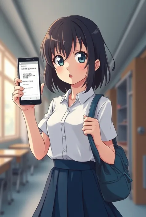 Make student holding a phone in his hand. The phone screen has a reminder on the screen that says "exam tomorrow" anime style