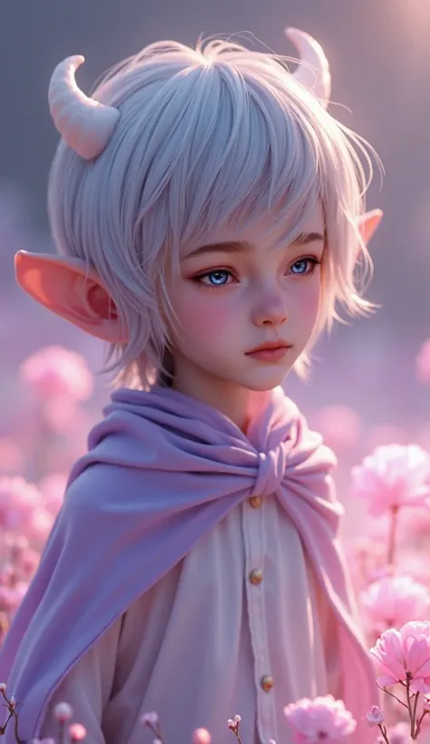 A young elven boy, about ten years old, stands with a heart-wrenching expression. His large, almond-shaped eyes are a soft, sorrowful lilac, filled with unspeakable grief as tears overflow down his rosy cheeks. His silver hair is long and straight, falling...